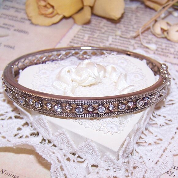 Vintage ADI Thailand Sterling Silver Cubic Zirconia CZ Hinged Bangle Bracelet - Picture 5 of 11